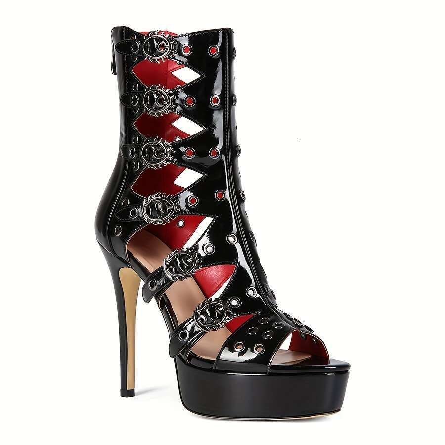 Women's Ultra-High Stiletto Heels Sexy Open-Toe Roman Gladiator Sandals With Zipper Closure, Pointed Toe Chunky Platform Heel - Elegant & Red Acc