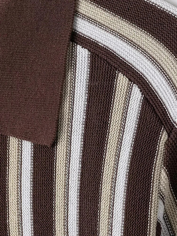 Womens Fashion Simple Slouchy Crash Color Stripe Short Sleeve Single Breasted Knit Polo Top Casual Everyday Versatile Top 251027