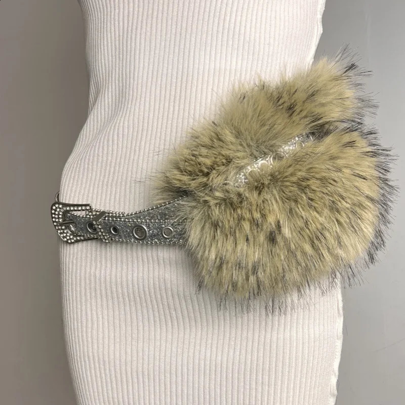 Y2k Vintage Faux Fur Rhinestone Patchwork Belt Faux Fur Waistcoat Punk Belt Metal Plush Waist Chain Furry Waistband Jeans Belt 251027