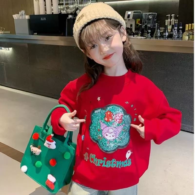 girl Kolumi Christmas red fleece pullover for autumn and winter, new style, girls' clothes with sequins that change color, festive clothes for th