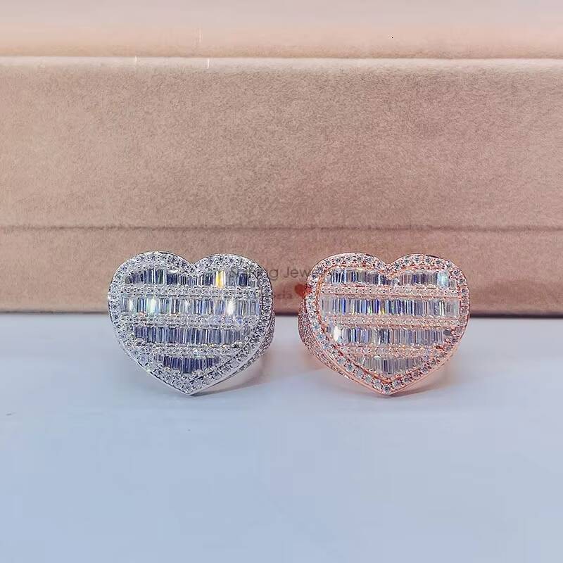 Fully Iced Out with baguette Moissanite Heart Pentagon Shaped Silver Hip Hop Rings