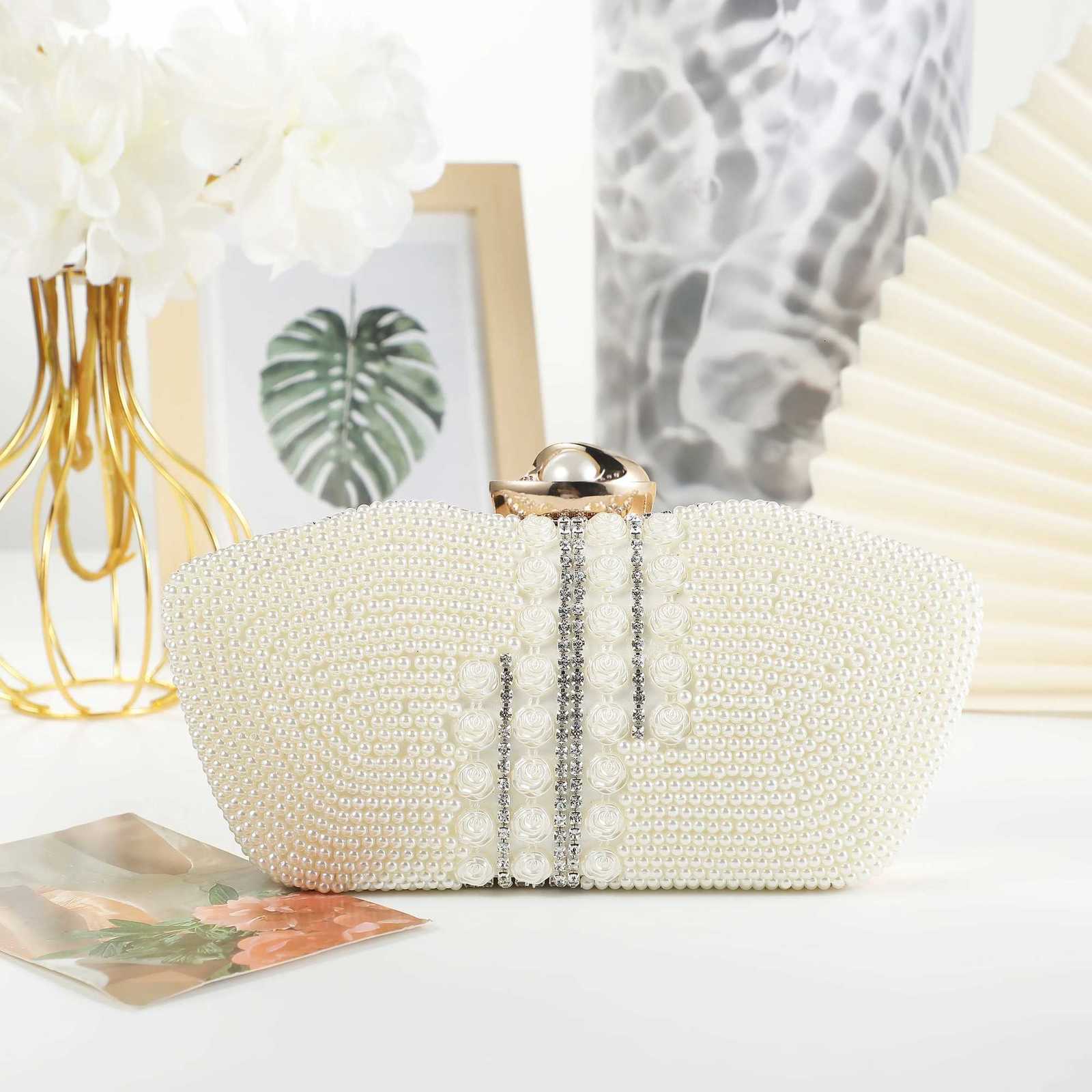 Elegant Light Pearl OneShoulder Evening Clutch Bag for Women HandBeaded Metal Chain Dinner Bag Customizable H251027