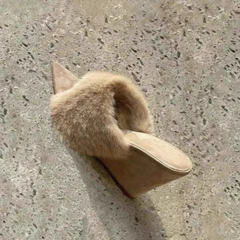 Wedge Slippers Fall Pointed Toe Peep Toe Plush NonSlip WearResistant High Heel FlipFlops 251023