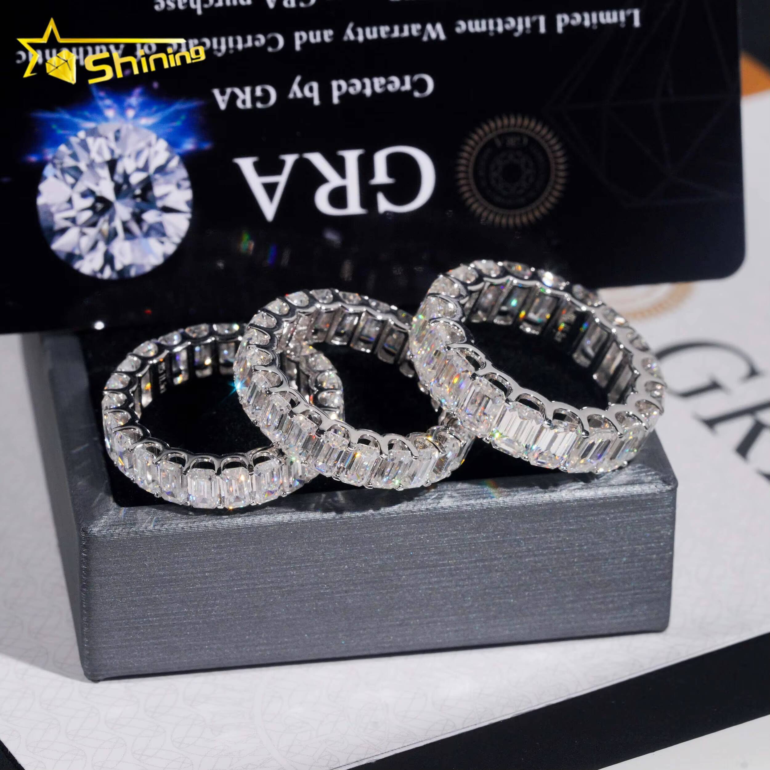 Classic Pass Tester Hip Hop Fine Jewelry 925 Sterling Silver Fully Iced Eternity Emerald Cut Band Ring Moissanite Iced Out Ring