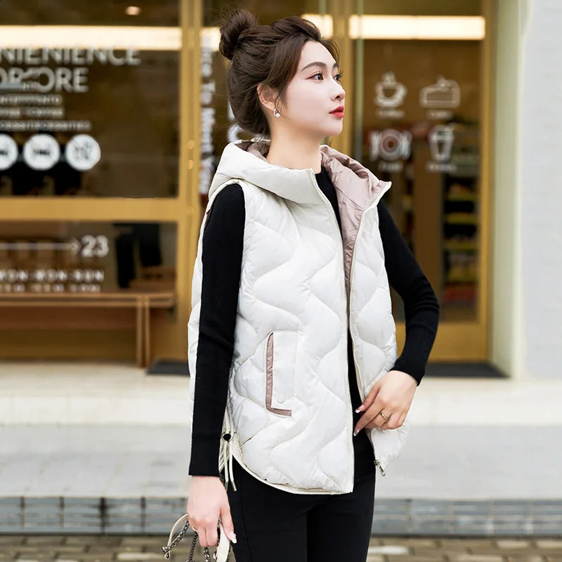 2025 Autumn Winter Warm Waistcoat Ladies Sleeveless Hooded Down Cotton Coat Women Outerwear Casual Puffer Vest Student Jacket 251027