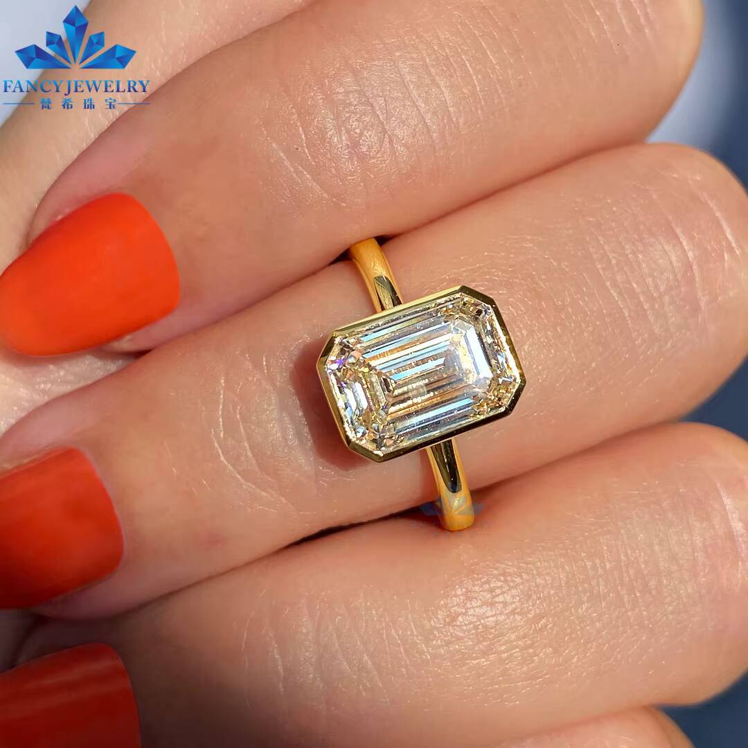 IGI GIA Bezel Set 1CT 2CT 3CT 4CT 5CT Emerald Cut LAB Grown Diamond Wedding Ring 14K Yellow Gold Fine Jewelry Rings for Her