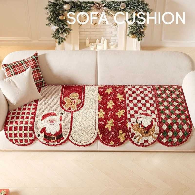 New Christmas Red Sofa Cover Fabric Anti Slip and Warm Autumn and Winter Sofa Cushion Straight Row Thick Plush Not Easy To Fade C251028