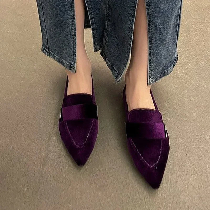Women Velvet Moccasins Fashion Pointed Toe Loafers Ladies Spring Leisure Purple Velour Ballet Flat Shoes Loafers 251023