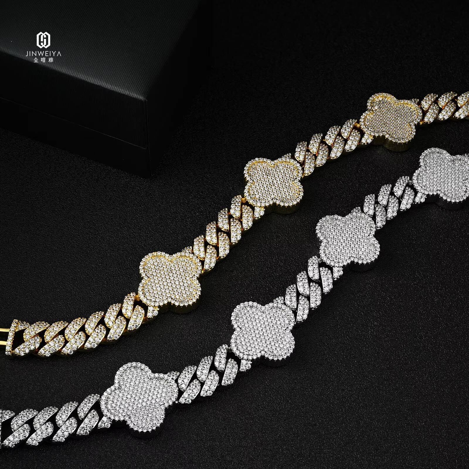 HipHop Jewelry 925 Silver Exquisite Chain Link Bracelet Lucky Flower VVS Moissanite Cuban Chain Luxury 10mm Cuban Chain Bracelet