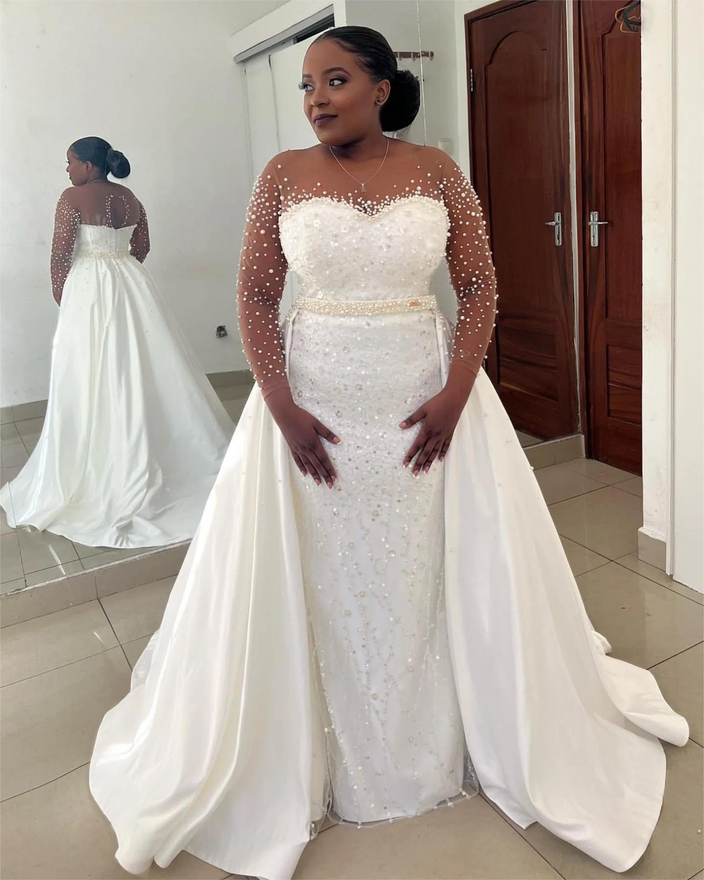 Ivory Satin Mermaid Wedding Dress with Pearls & Sequins Full Sleeves and Detachable Train