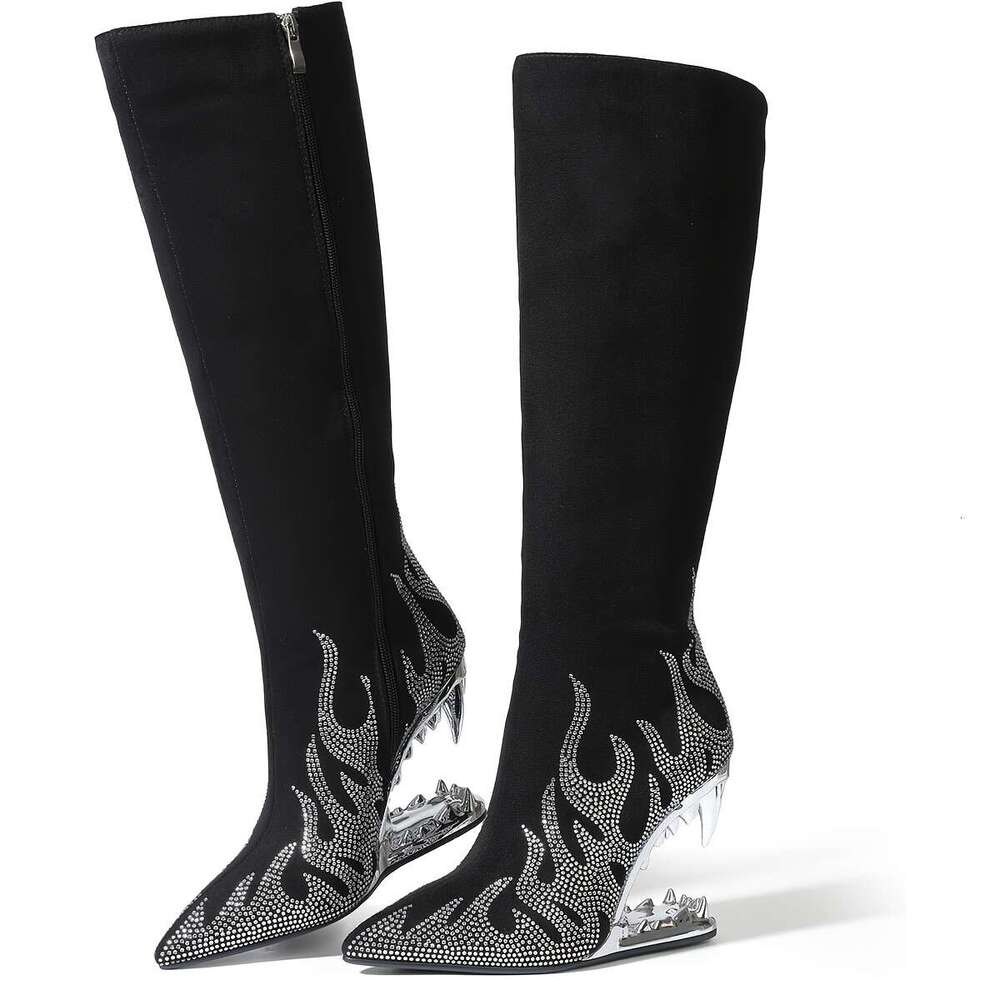 Pointed Rhinestone Wolf Teeth Heel Women's Large Long High Barrel Fashion Boots