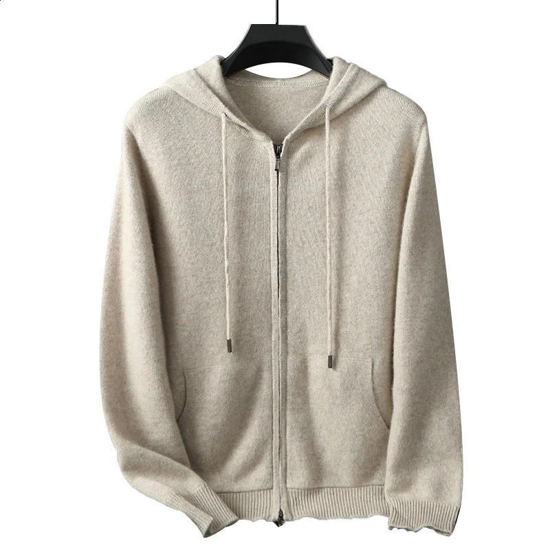 Youth Casual 100 Pure Cashmere Mens Fashion Hooded Sweatshirt Loose Knitted Cardigan Sports Top Jacket 251017