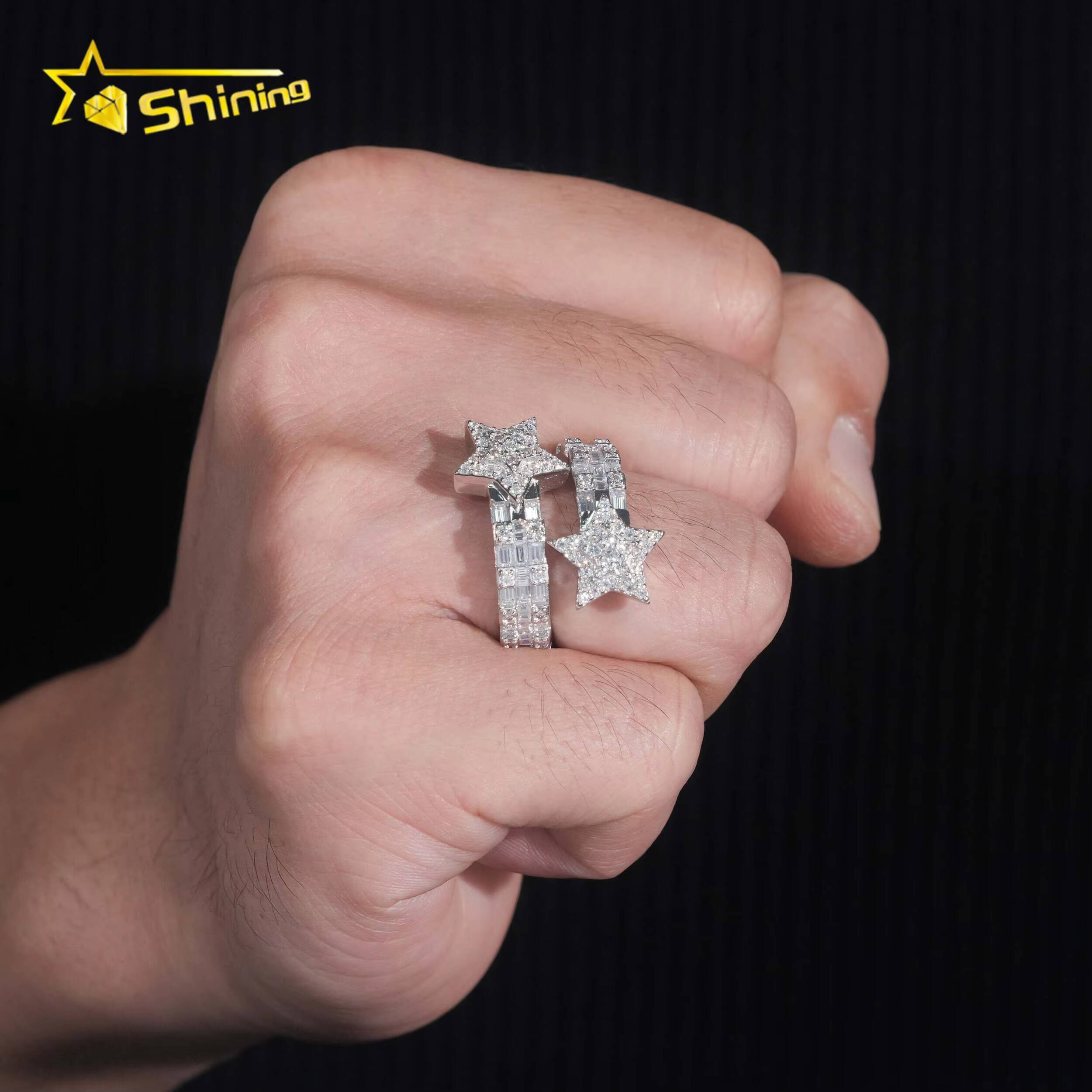 New Design 925 Sterling Silver Gold Plated Iced Out Baguette Moissnaite Pass Diamond Tester Star HipHop Rings