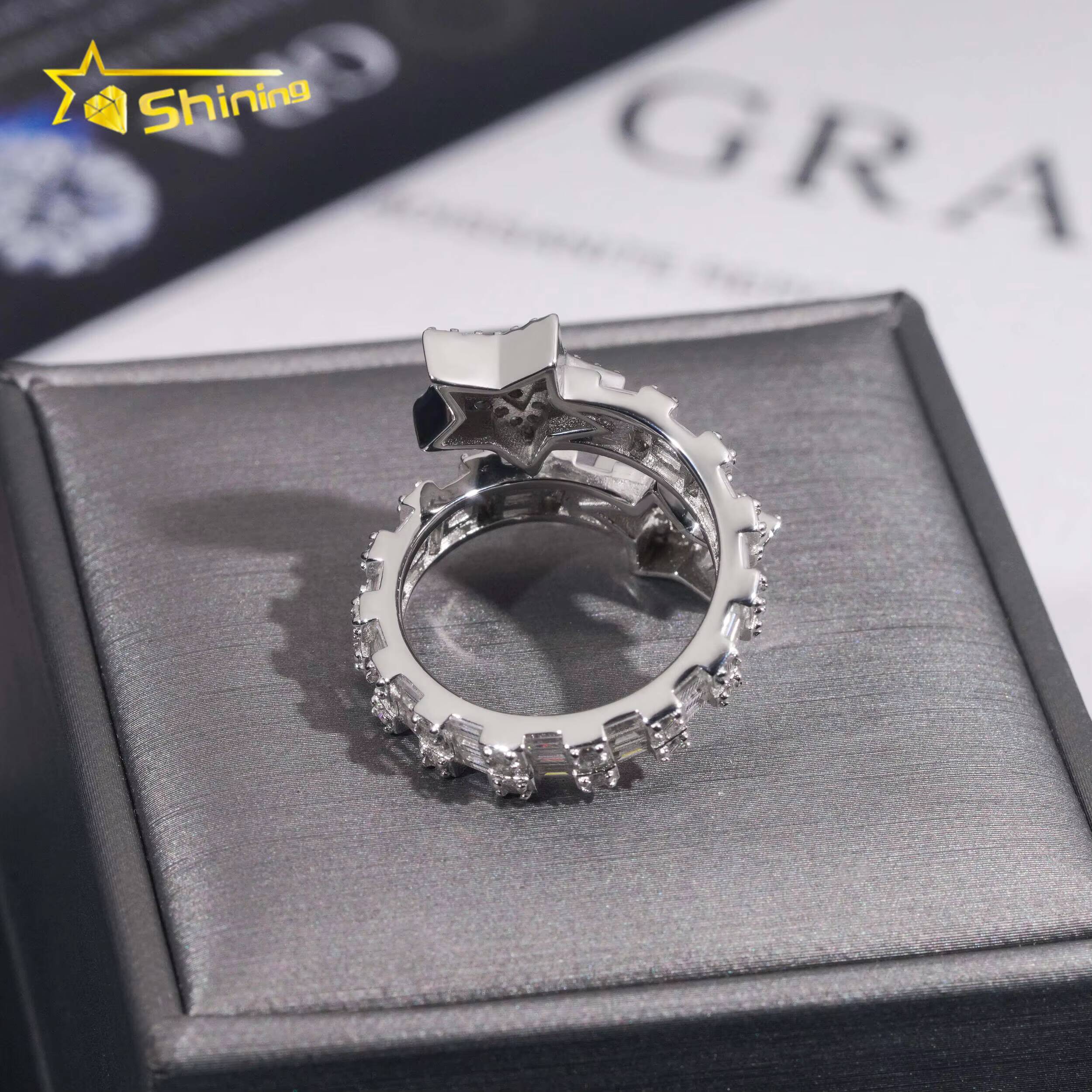 New Design 925 Sterling Silver Gold Plated Iced Out Baguette Moissnaite Pass Diamond Tester Star HipHop Rings