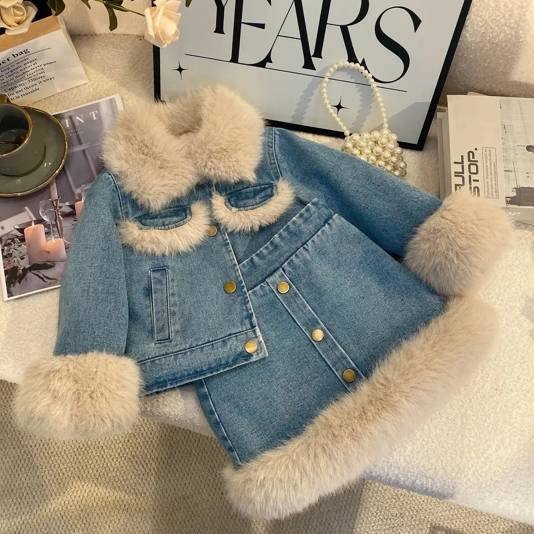 Childrens Sets Girls FleeceLined Denim Set Korean Winter Jacket Skirt 2Piece Thickened Outfit for Toddlers 251027