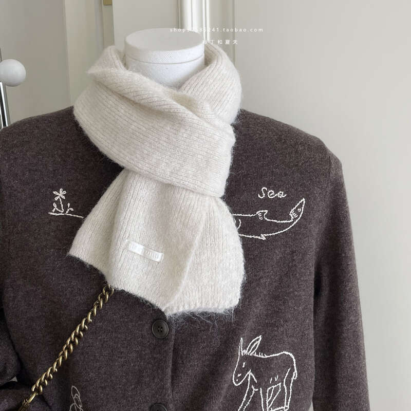 Milky White Mini Solid Color Korean Student Whitening Autumn Winter Warm Scarf Women's Blue