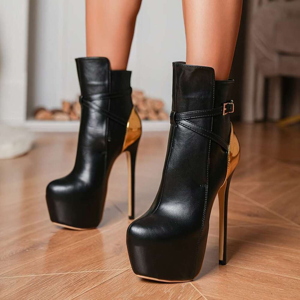 Plus Size 45/16Cm Stiletto Heels PU Cover Platform Ankle Boots With Adjustable Straps, Red Black Zipper Closure Cushioned Insole - Elegant Office & At