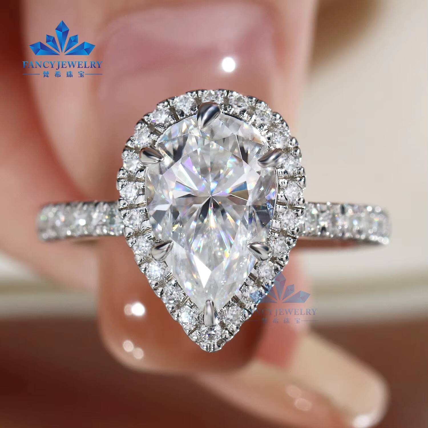 Custom 1CT5CT Pear Cut Moissanite Halo Ring Pass Diamond Tester 925 Silver 14K 18K White Gold Diamond Rings for Wedding