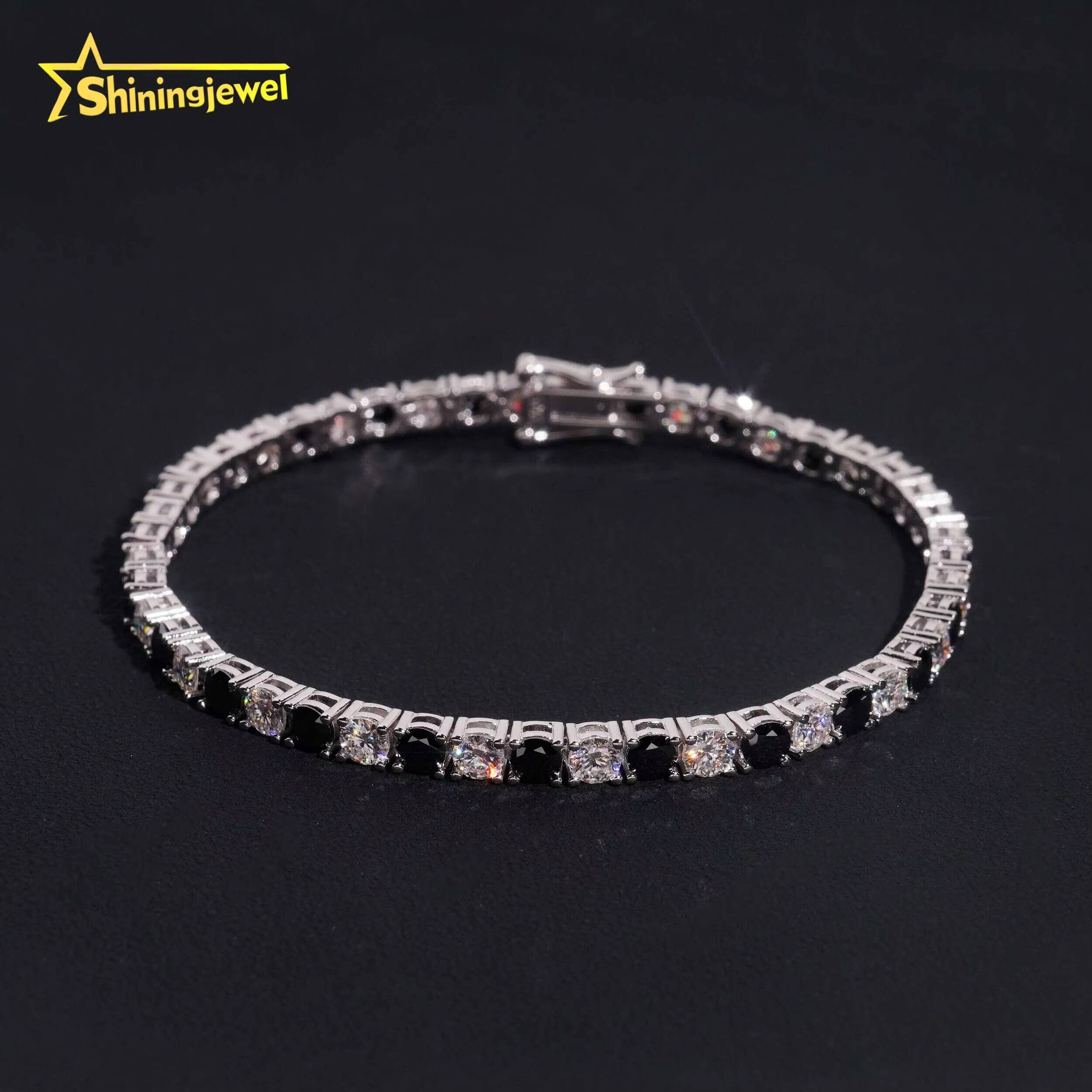 Iced Out Jewelry 4MM Black and White Moissanite Diamond Tennis Bracelet 925 Silver Hip Hop Tennis Bracelet