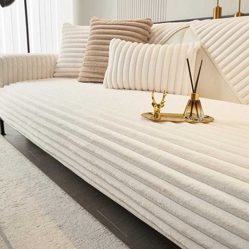 Winter Thick Faux Rabbit Plush Sofa Cushion Solid Anti Slip Sofa Cover for Living Room Office Striped Quilted Warm Seat Cushion C251028