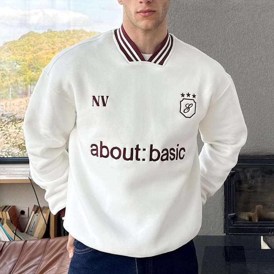 Simple Autumn Casual Style V-Neck Pullover Top with 3D Letter Embroidery and Striped Pattern