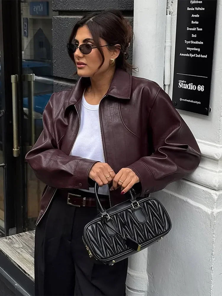 Full Sleeve Cropped Wine Red Leather Jacket Women Casual Slim Thin Pu Motorcycle Coat Zipper Lapel Lady Highstreet Outwear 251029