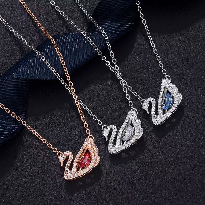 Luxury lovely goose animal designer necklace for women girls cute round circle hollow pendant necklaces earrings white crystal short chain choker jewelry