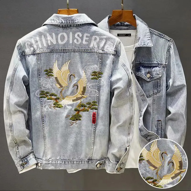 Autumn Winter Mens Embroidered Turn Collar Denim Coats Vintage Slim Fit Motorcycle Bomber Jean Jackets Streetwear Top 251017