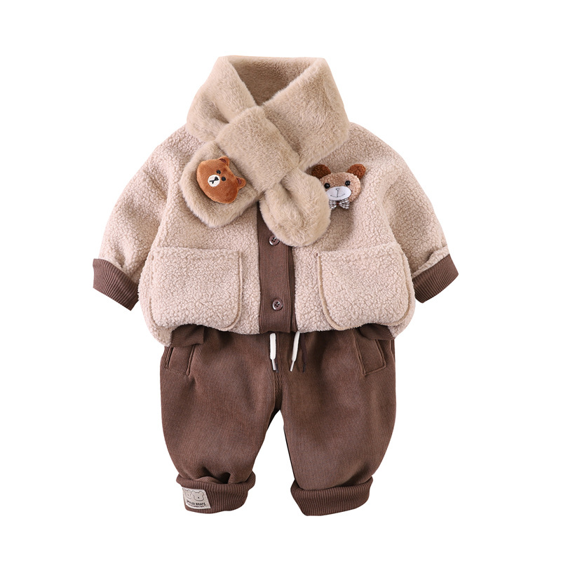 Kids Clothing 2025 Baby Boy Winter Outfit, Fleece-Lined Bear Print 2-Piece Set with Scarf, Warm Animal Themed Clothes for Infant