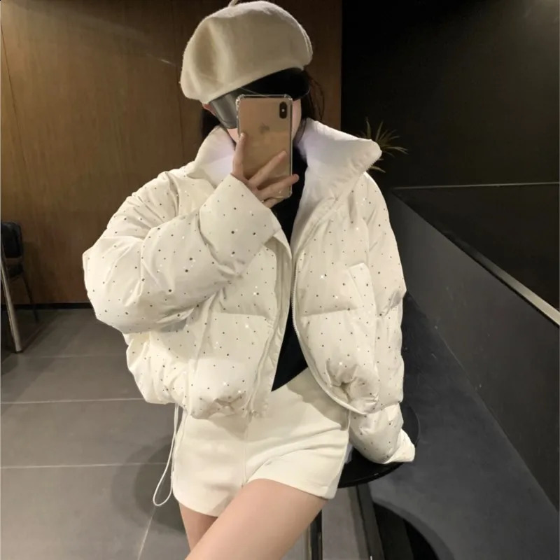 Women Autumn Winter Elegant Puffer Jacket Coats Chic Short Zipper Parkas Coat Korean Fashion Stand Collar Solid Outerwear 251015