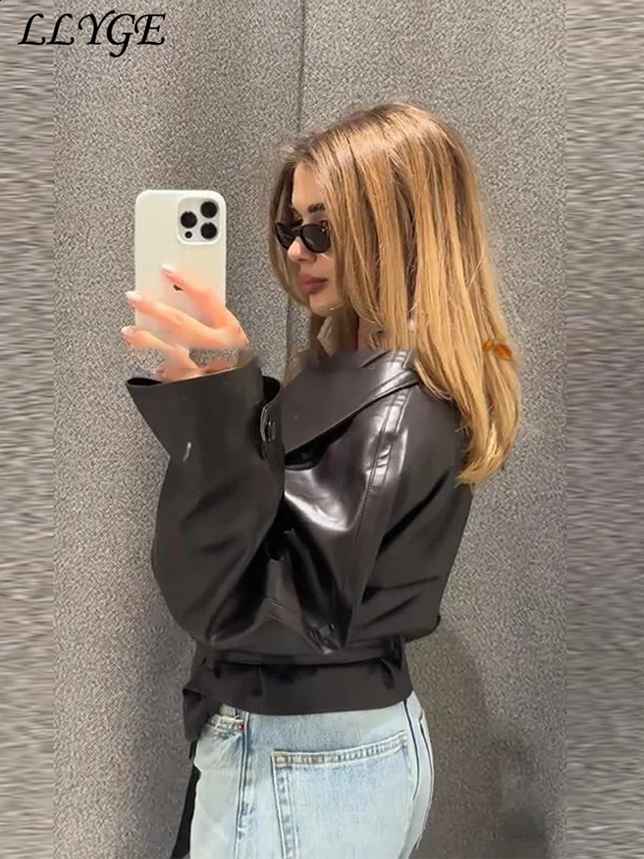 Street Womens Cropped Leather Jackets With Belt Lapel Double Breasted Pockets Long Sleeve Coat 2025 Autumn Lady Vintage Outwear 251027