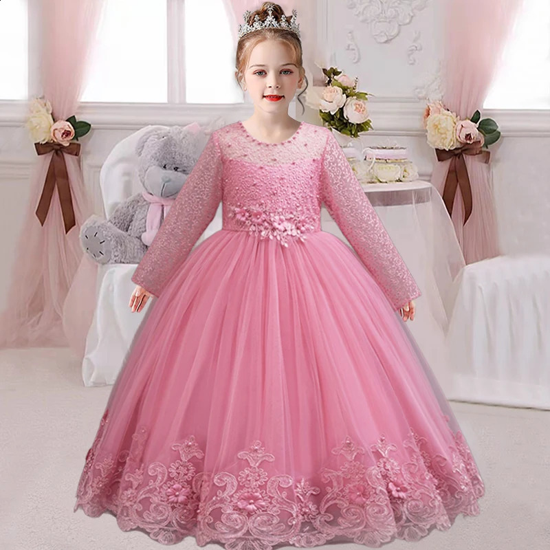Childrens Embroidered Party Evening Dress 312 Years Old Lace Long Sleeve White Wedding Long Princess Dress for Girls 251023