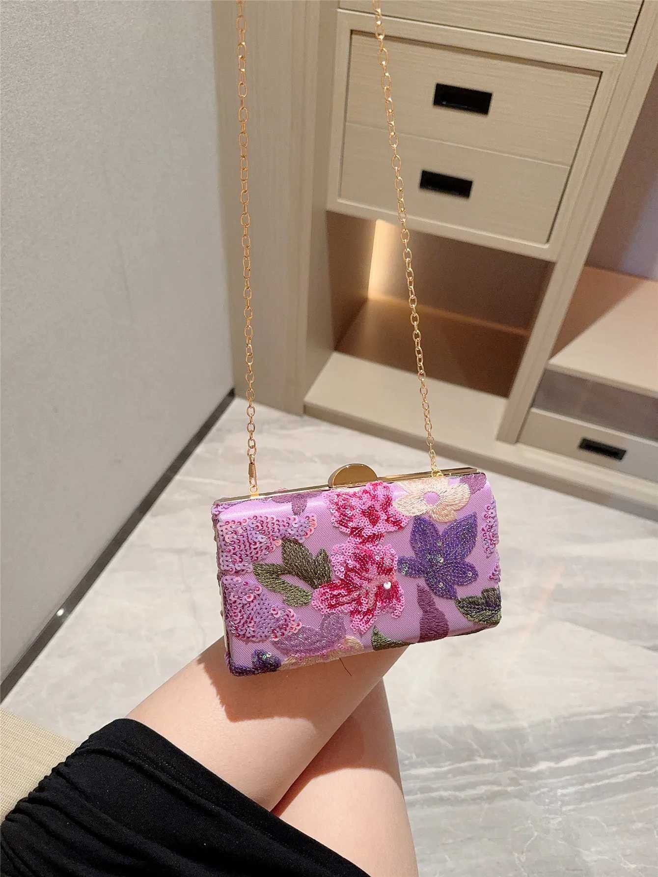 New CrossBorder Sequin Embroidery Floral Chain Clutch Bag Chain Bag Fashionable Womens Bag Crossbody Bag H251027