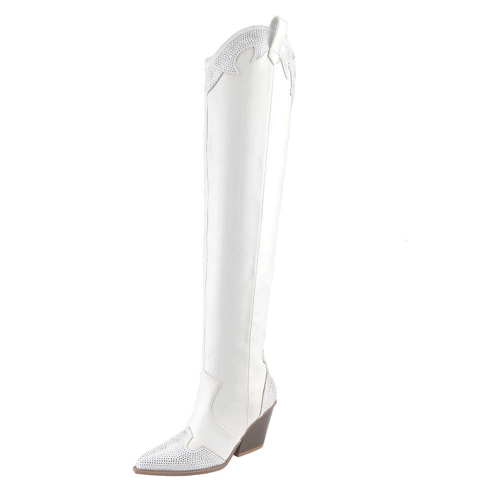 Comfortable Women's Rhinestone Long Boots Western Cowboy Style With Chunky Mid Heel And Pointed Toe