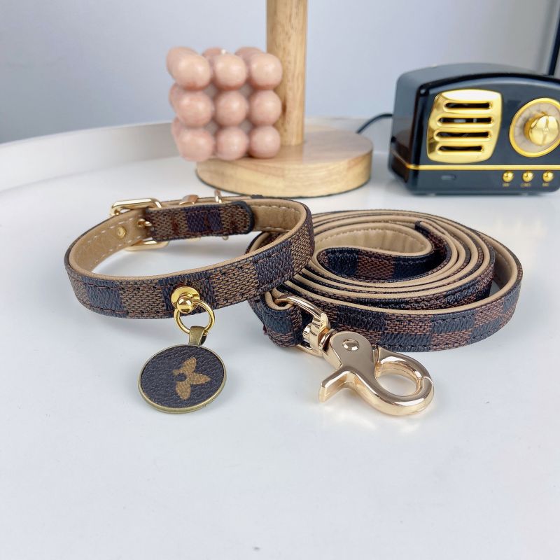 Premium PU Leather Designer Dog Collar & Leash Set Gold Hardware, Bell Charm, Adjustable for Cats/Small Dogs, 4 Patterns