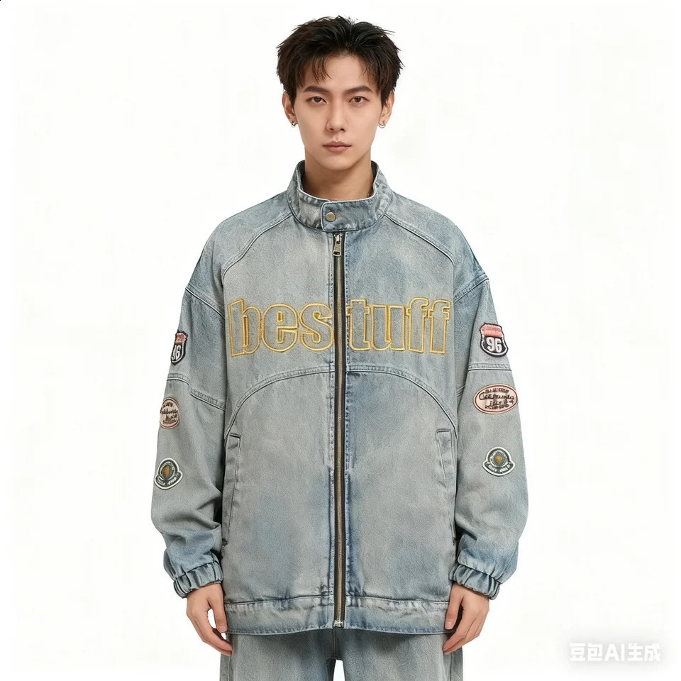 Vintage washing denim jacket mens loose paired with zipper top letter embroidered street clothing hiphop casual 251017