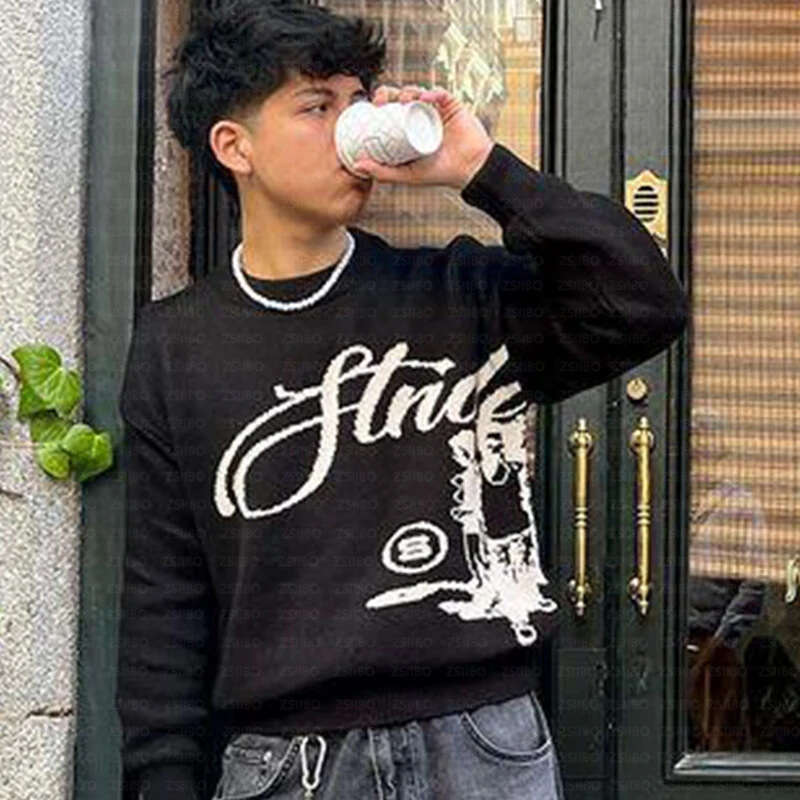 New Trendy American Jacquard Street Hip-Hop Unisex Knitted Pullover Sweater Y2K Style