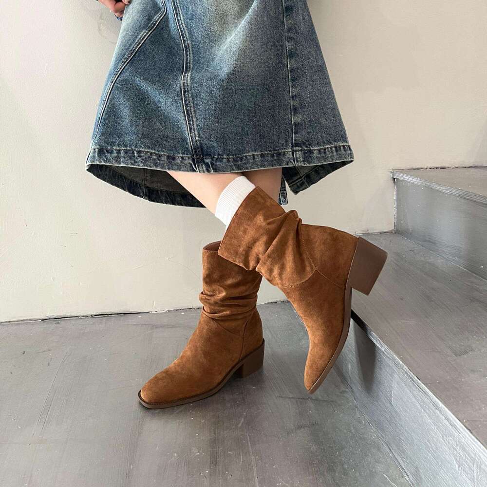 2025 Autumn Winter New Korean Style Boots - Women's Designer Frosted Leather Chunky Mid-Heel, Comfortable Slouchy Short Fashion Boots