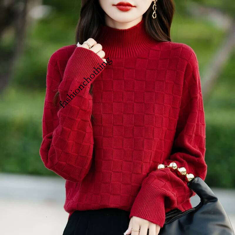 Autumn and Winter New Women's 100% Cotton Sweater Half High Collar Pullover Shirt Square Pattern Loose Fashion Knitted Top