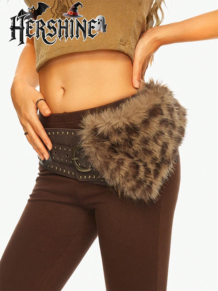 1 piece of womens leopard print long hair decorated leather metal buckle wide belt retro style Halloween costume accessory 251027