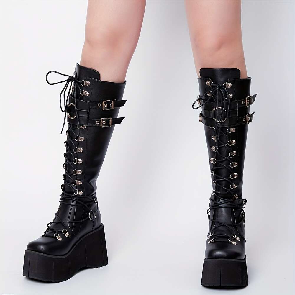 Y2k Gothic Women's Round Toe Lace Up Buckle Straps Metal Eyelet Thick Sole Rock Concert Cosplay Street Combat Boots
