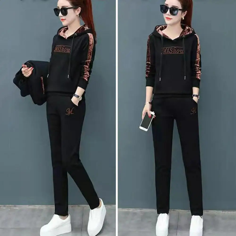 3 PcsSet Women Waistcoat Top Pants Warm Pockets Elastic Waist Lady Fall Winter Set Letter Embroidery Hooded Drawstring 251027