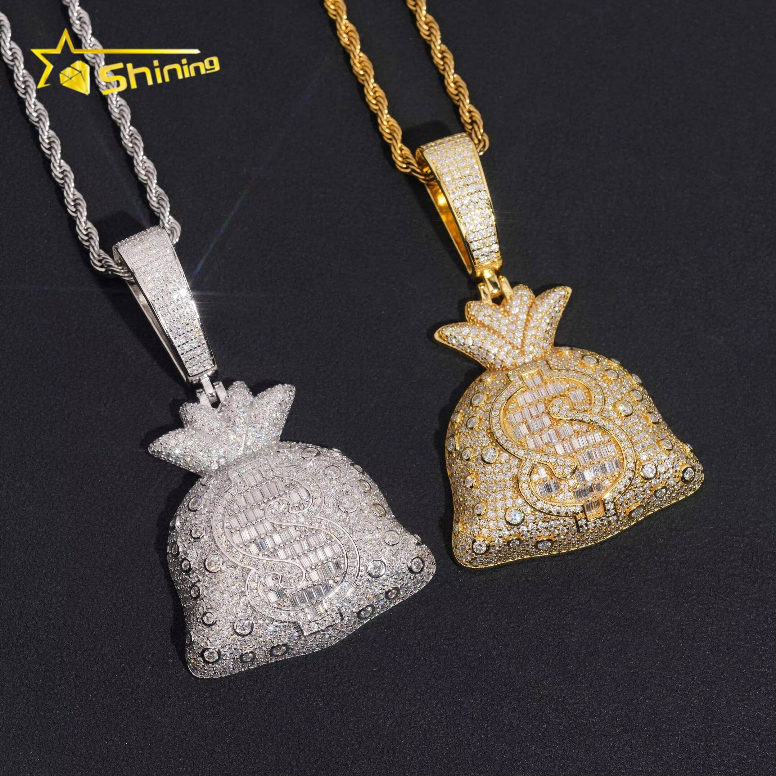 Iced Out Moissanite Dollar Symbol Charm 925 Sterling Silver Gold Plated Moneybag Moissanite Hip Hop Pendant