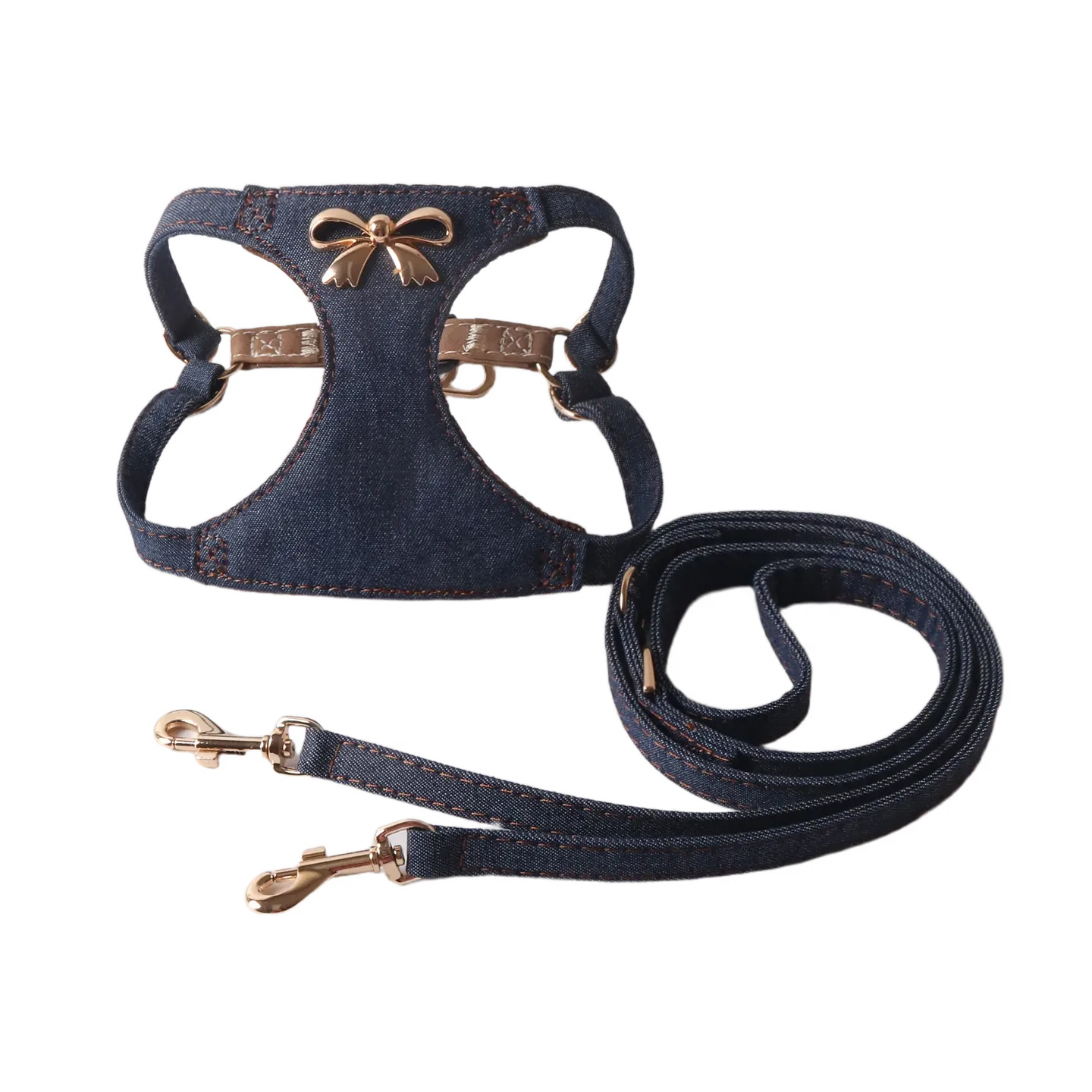 Denim Style Pet Harness Leash Set with Metal Bowknot, Adjustable & Durable,Fashionable Walking Gear, Comfortable Pet Vest Harness with Leash for Small