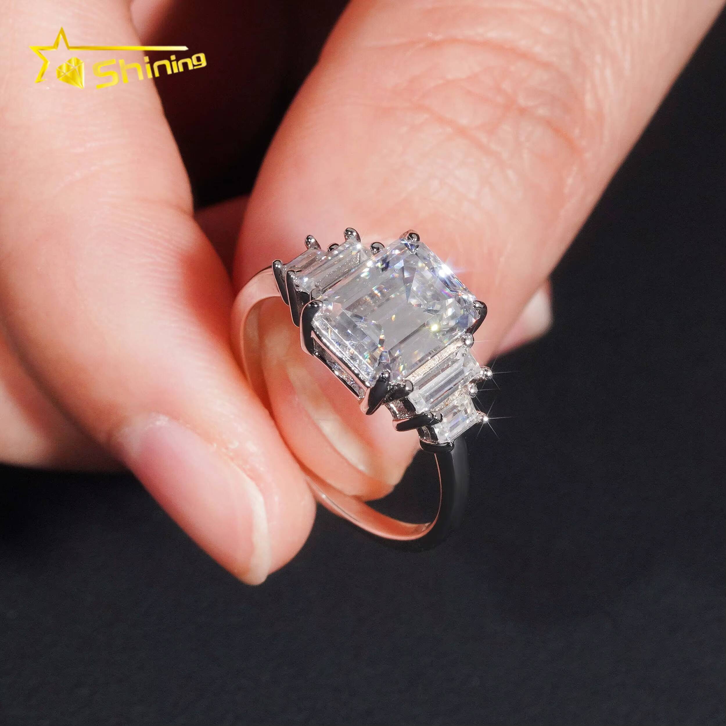 Wholesale Gold Plated Rhodium Plated Vvs Moissanite 925 Silver Diamond Emerald Cut 3ct Women Engagement Wedding Ring