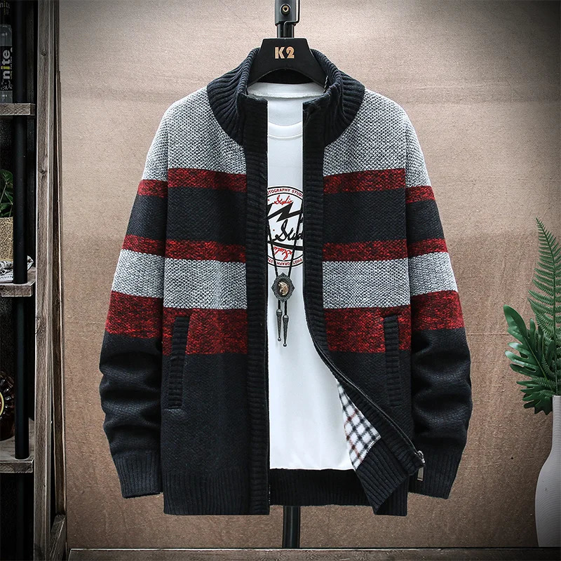Mens Winter Striped Sweater Cardigan Patchwork Thick Warm Sweaters Coat Fleece Knitwear Zip Up Male Jacket 251017