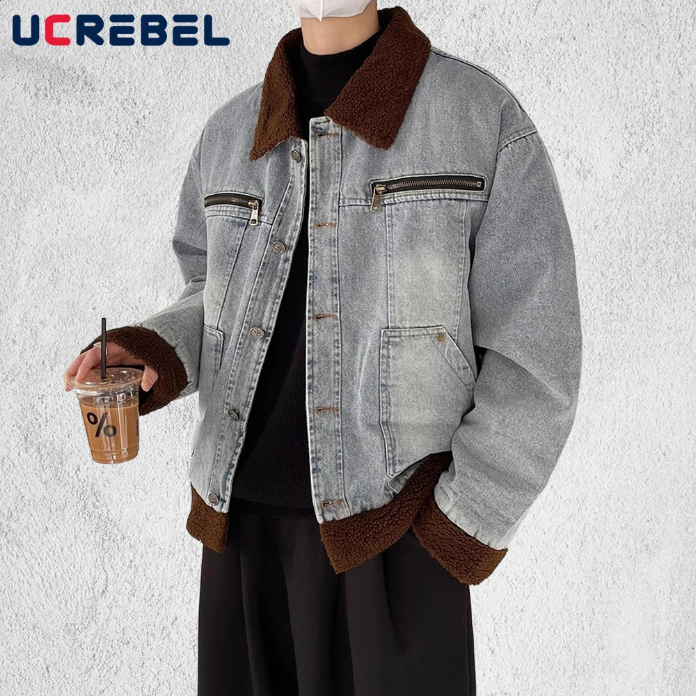 Sherpa Spliced Denim Padded Jacket Mens Pocket Winter High Street Washed Distressed Lapel Long Sleeve Thick Outerwear Man 251017