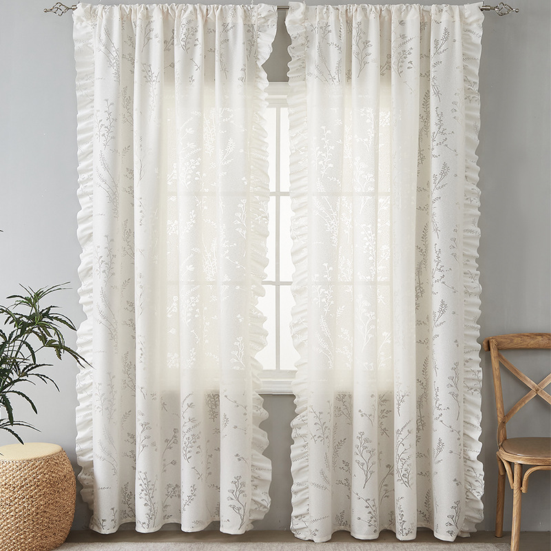 Beige reed flower lace curtain gauze curtain white half curtain door curtain cotton linen kitchen partition short curtain rod A2J201