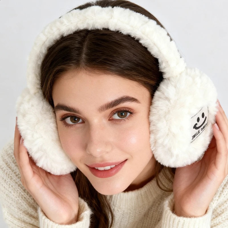 Winter Out Womens Soft Cold Wind Cartoon Smiley Face Warm Ear Muffs Milan Mink Velvet Girls Versatile Plush Ear Muffs Foldable 251027