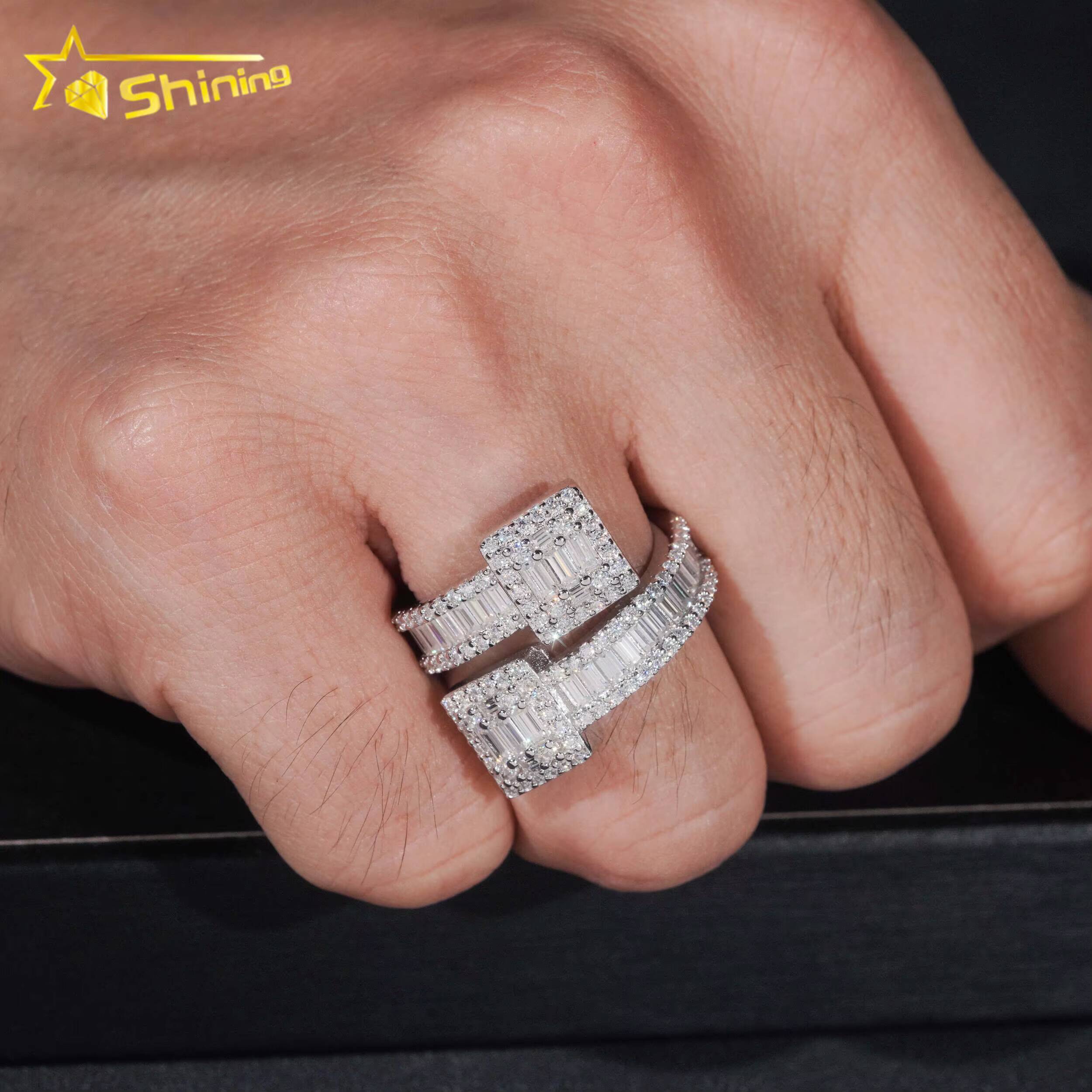 Fast Shipping Baguette Moissanite Mens Ring 925 Silver Iced Out Hip Hop Fine Jewelry Gold Plated Men Ring